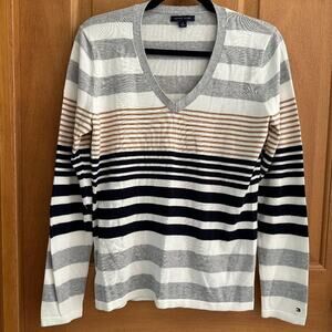 Tommy Hilfiger VTG Minimalist Preppy Casual Neutral Stripe V Neck Sweater - MED